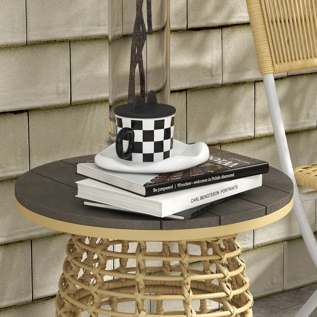 Outsunny Masă de cafea de grădină rotundă din rășină aspect răchită metal și blat compozit, dim. Ø45 x 50H cm | Aosom Romania