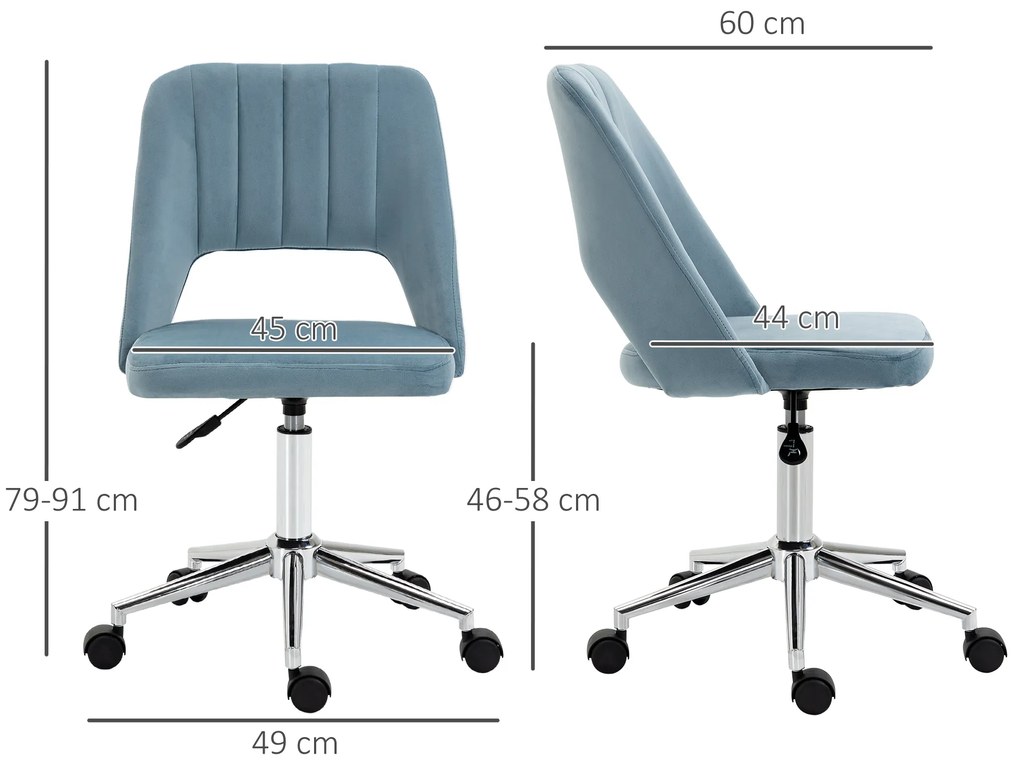 Vinsetto Scaun de birou, Înălțime ajustabilă Scaun de birou fără brațe, Drehbar Bürostuhl cu aspect de catifea, Scaun de schmink ergonomic pentru dormitor, birou acasă, Albastru | Aosom Romania