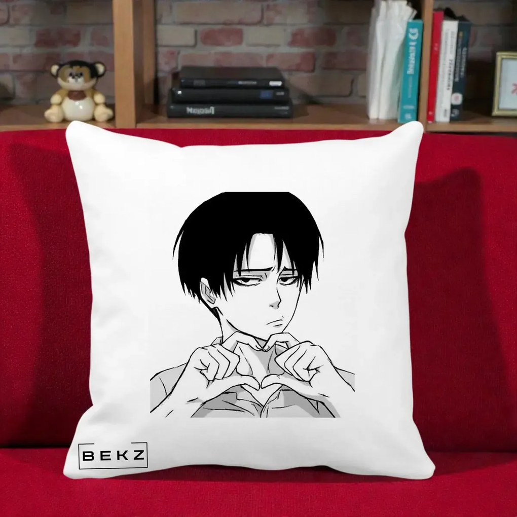 Perna Personalizata Levi Ackerman Inima, 40x40 cm, Alba Mata, Husa Detasabila, Perna Inclusa, BEKZ®