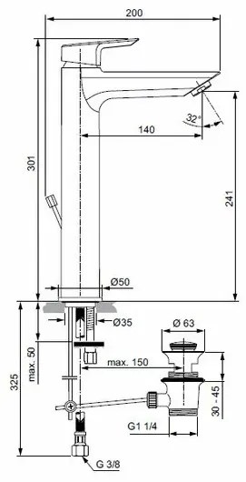 Baterie lavoar Ideal Standard Tesi inalta cu ventil pop-up