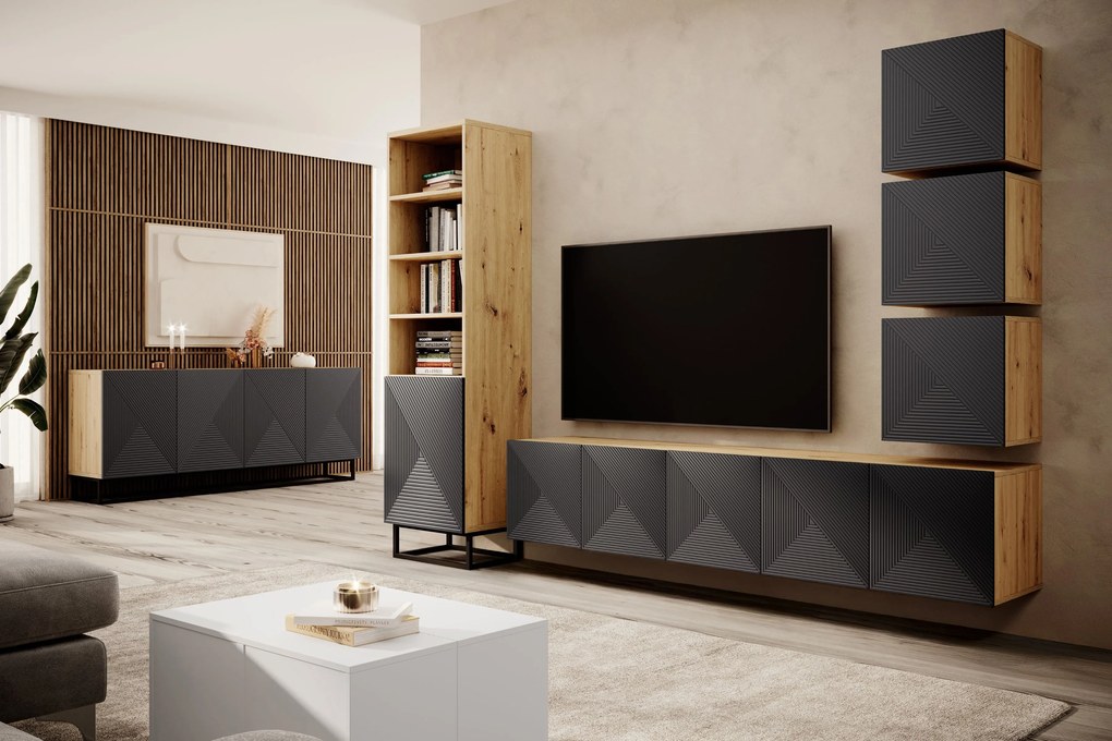 Comodă TV suspendată Asha 200 cm, partea frontală cu riflaj – stejar artisan / rivier stone mat