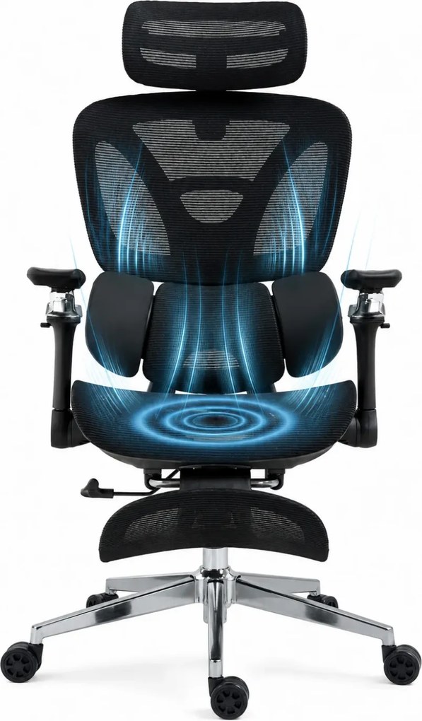METACHAIR DORO VENT Scaun ergonomic, sezut cu ventilatie, suport lombar dinamic, spătar reglabil înălțime, cotiere 6D, tetieră 2D, suport picioare, mecanism multifunctional inclinare/blocare, pivotant, Mesh, Negru