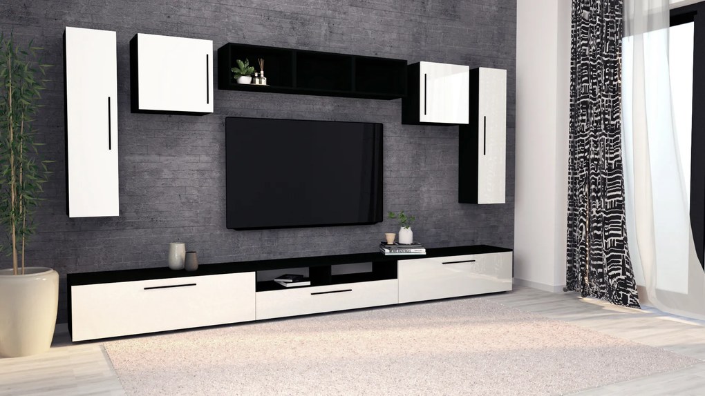 Living haaus Haga V2, Alb Lucios/Negru, MDF, L 360 cm