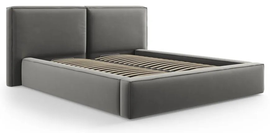 Pat matrimonial gri tapițat din catifea cu spațiu de depozitare cu somieră 180x200 cm Arendal – Cosmopolitan Design