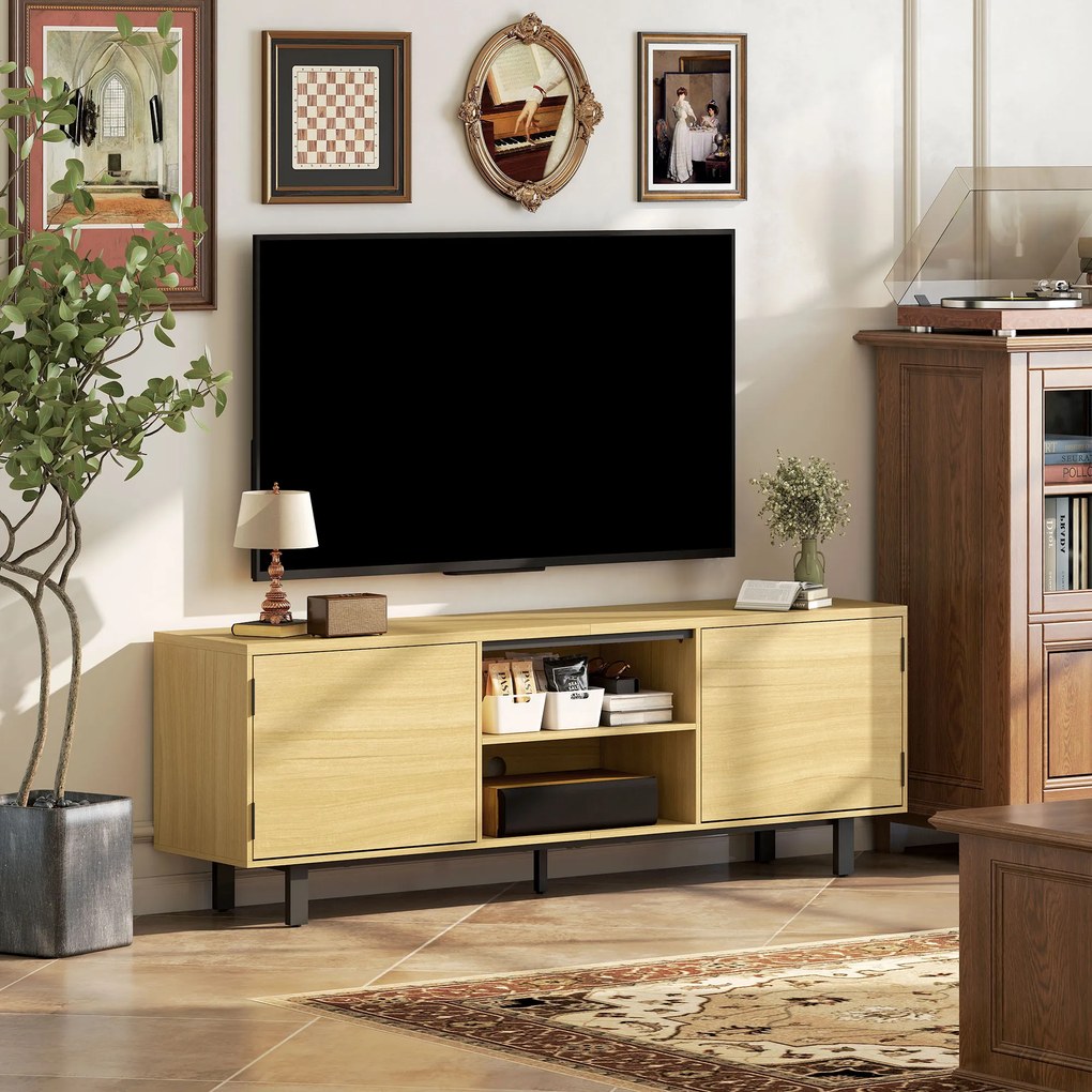 HOMCOM Comodă TV, mobilier TV până la 165 cm, 2 uși cu deschidere prin apăsare și 2 rafturi, 160x35x55,5cm, lemn natural | Aosom Romania