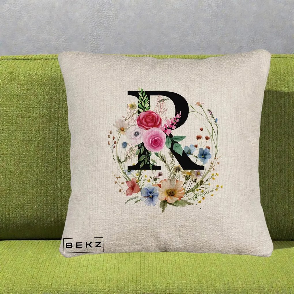 Cadou Personalizat - Perna Personalizata Monogram Litera R cu Flori Acuarela, 40x40 cm, Bej Canapea, Husa Detasabila, Perna Inclusa, BEKZ®
