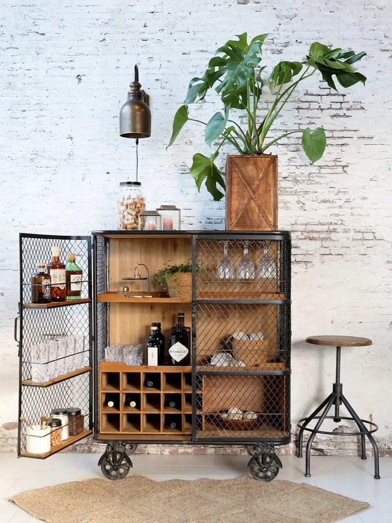 Etajera - Bar stil industrial, din lemn reciclat, cu spatii de depozitare