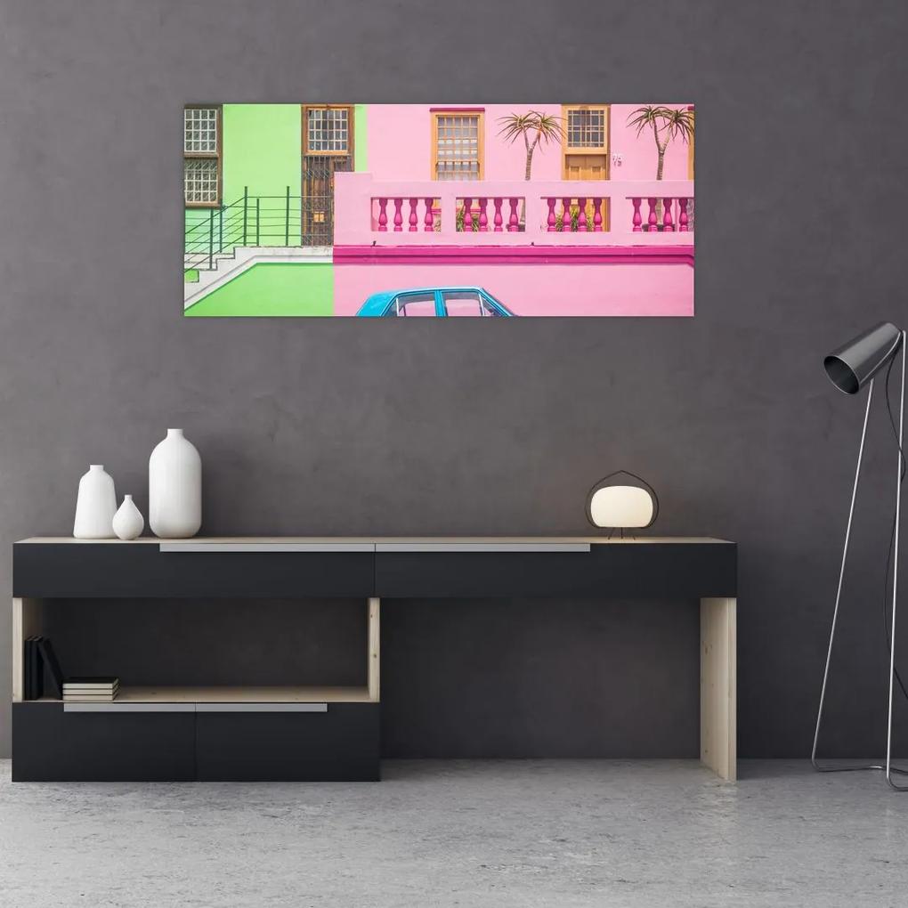 Tablou cu mașina - casele colorate (120x50 cm), în 40 de alte dimensiuni noi