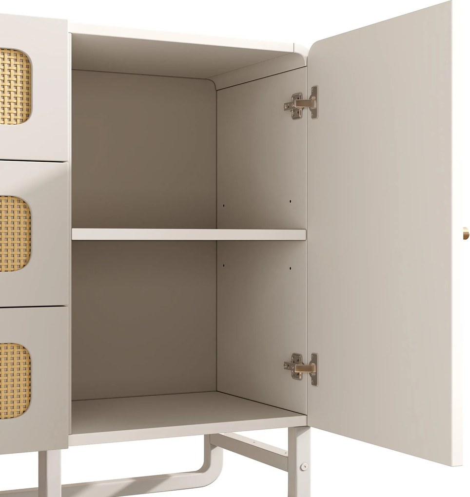 Comodă în stil rustic cu ratan și mânere aurii, 3 sertare și 1 ușă, 120x40x85 cm, Alb