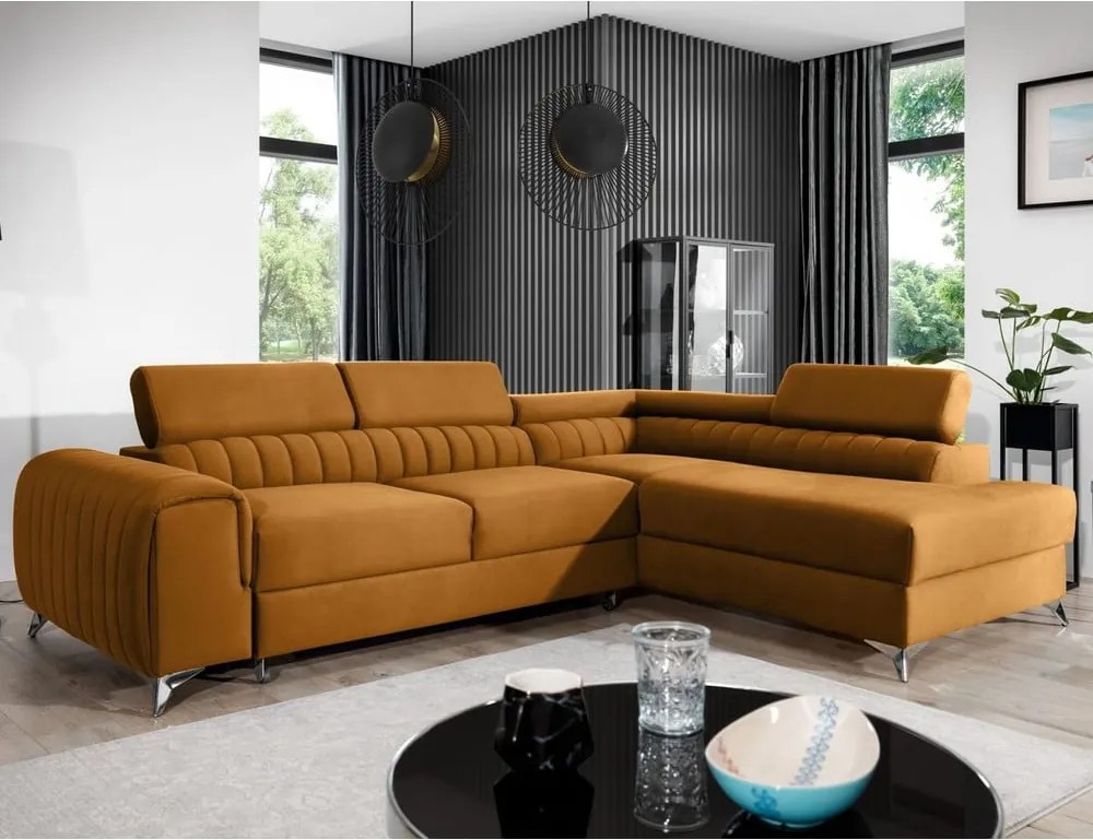 Colțar galben extensibil/cu spațiu de depozitare cu tapițerie din catifea (cu colț pe partea dreaptă/în formă de ”L”) Laurence – ELTAP