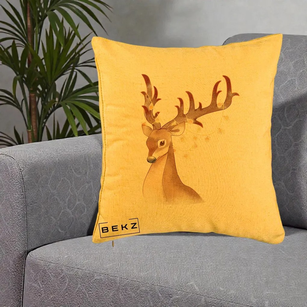 Perna Decorativa Ren cu Luminite de Craciun, 40x40 cm, Galben, Husa Detasabila, Perna Inclusa, BEKZ®