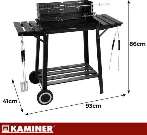 Grătar de grădină cu cărbune, scuipat, grătar superior și rafturi