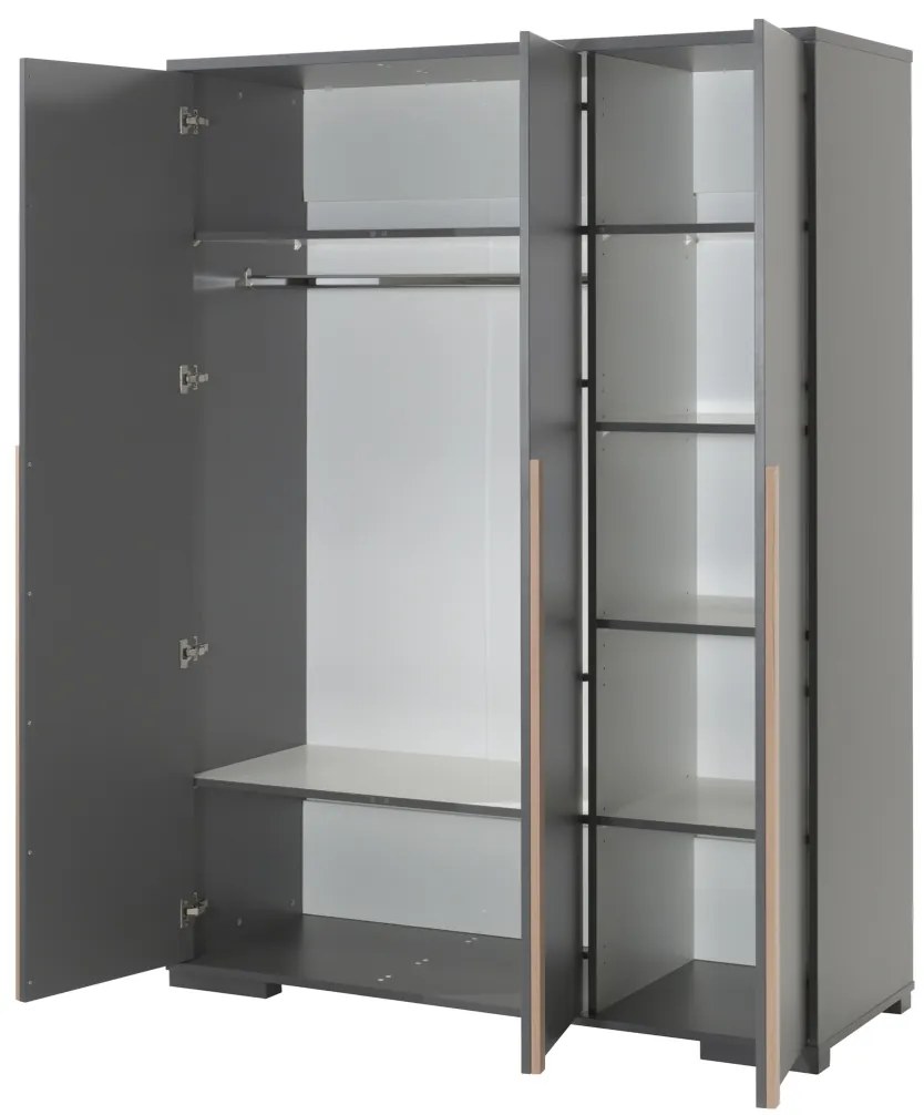 Set mobilier copii LONDON, pat 90x200 cm cu sertar depozitare + noptieră + dulap 3 uși + birou + comodă cu sertare și rotile + bibliotecă, antracit –