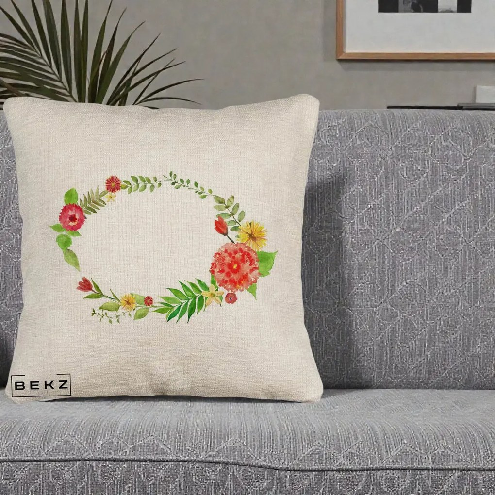 Perna Decorativa Coroana Florala Acuarela, 40x40 cm, Bej Canapea, Husa Detasabila, Perna Inclusa, BEKZ®