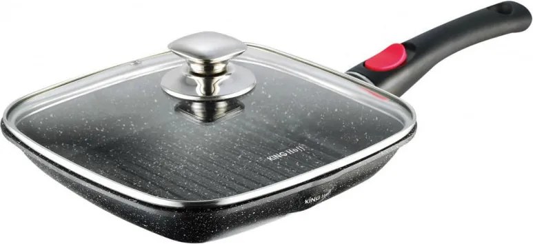La mâna a doua: Tigaie grill cu capac si maner detasabil Kinghoff KH 1511, 28 cm, Acoperire Marmura, Inductie, Negru