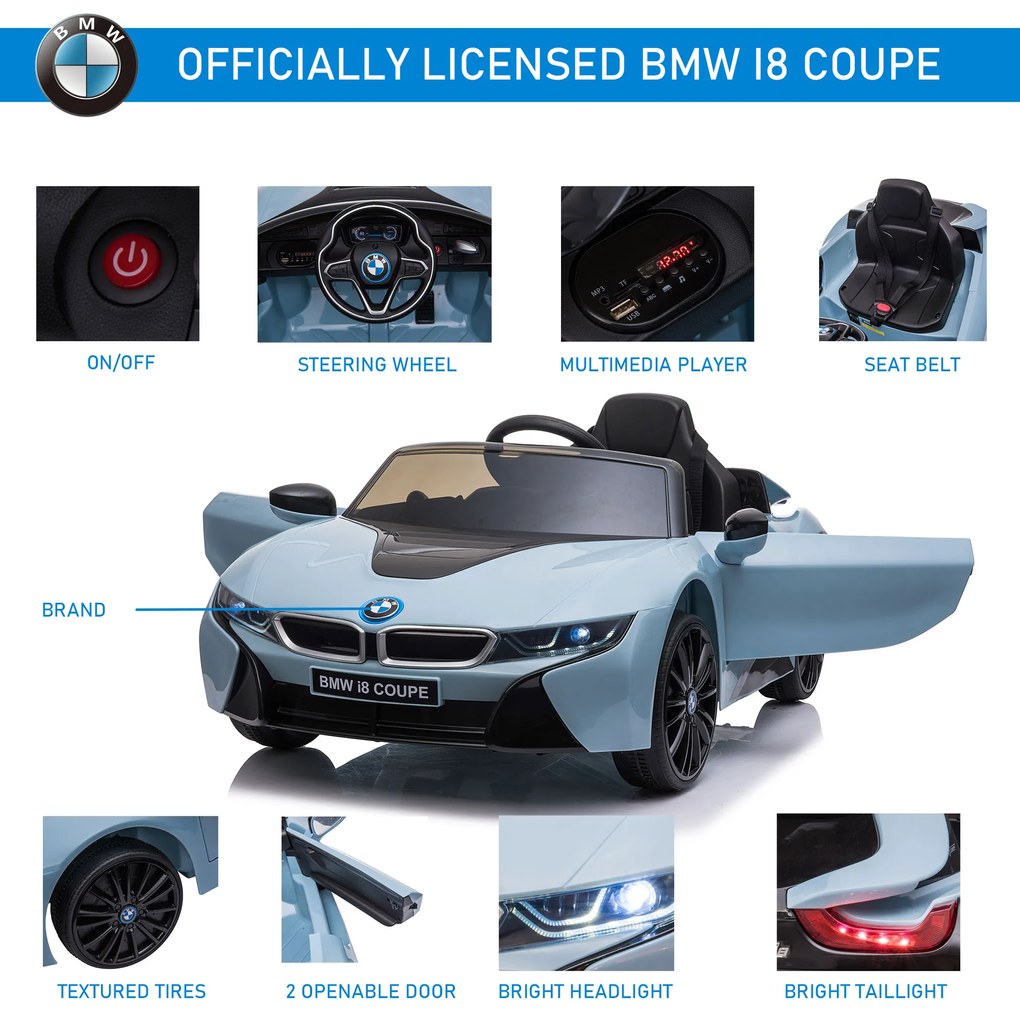 Licensed BMW I8 Coupe Masina Electrica HOMCOM telecomanda MP3 baterie pentru 3-8 ani | Aosom Romania