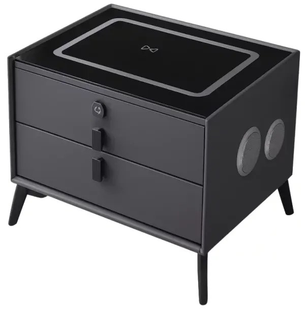 Noptiera inteligenta cu &icirc;ncărcare wireless și iluminare LED &ndash;culoare gri antracit, 2 Sertare de depozitare, design modern-sticlă securizata