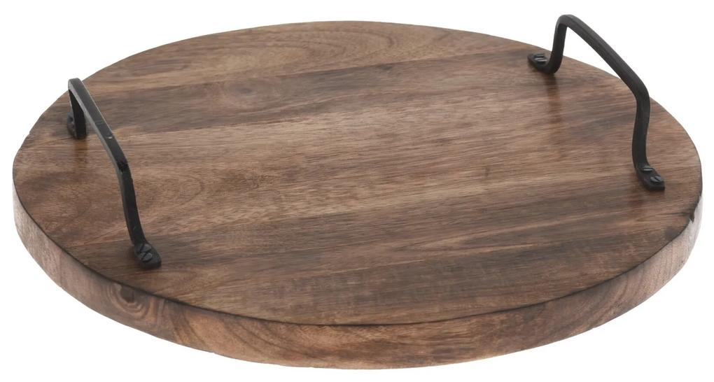 Platou rotund din lemn cu manere din fier 30 cm