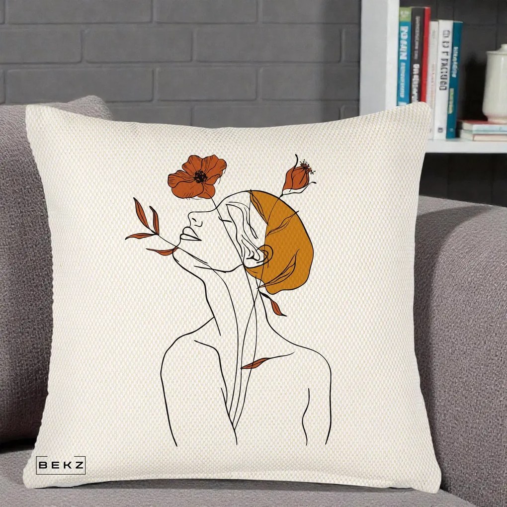 Perna Decorativa Portret Feminin Mac Privire Inalta, 40x40 cm, Crem Reliefat, Husa Detasabila, Perna Inclusa, BEKZ®