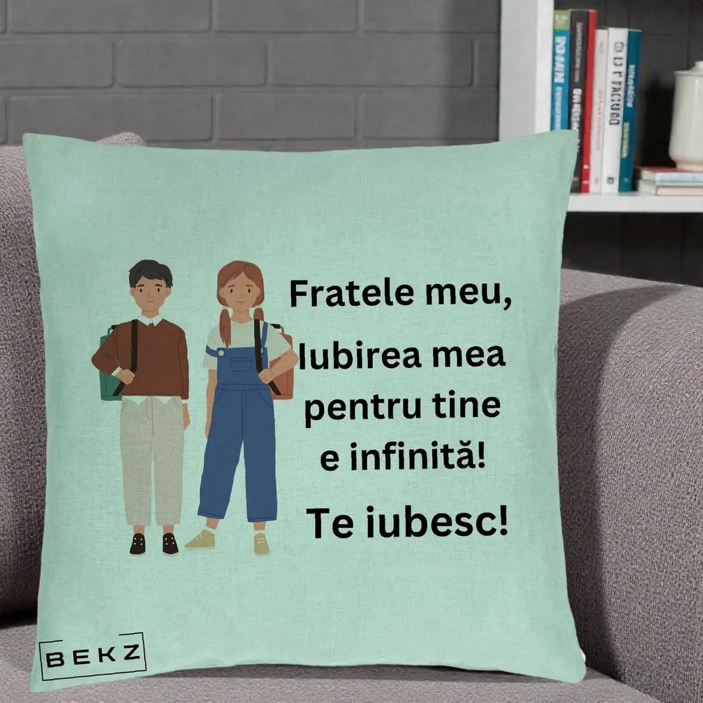 Cadou pentru Frate - Perna Personalizata Fratele Meu Te Iubesc Elevi Ilustratie Colorata, 40x40 cm, Verde Menta, Husa Detasabila, Perna Inclusa, BEKZ®