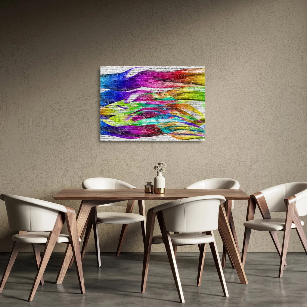 Tablou pe sticlă - Zid de cărămidă cu flăcări colorate (70x50 cm)