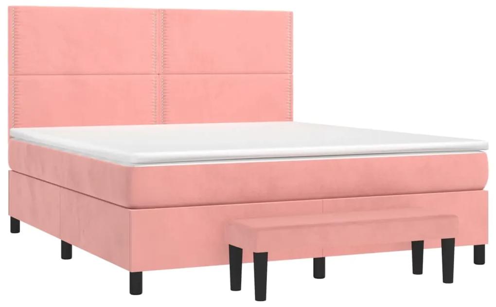 Pat box spring cu saltea, roz, 160x200 cm, catifea Roz, 160 x 200 cm, Culoare unica si cuie de tapiterie
