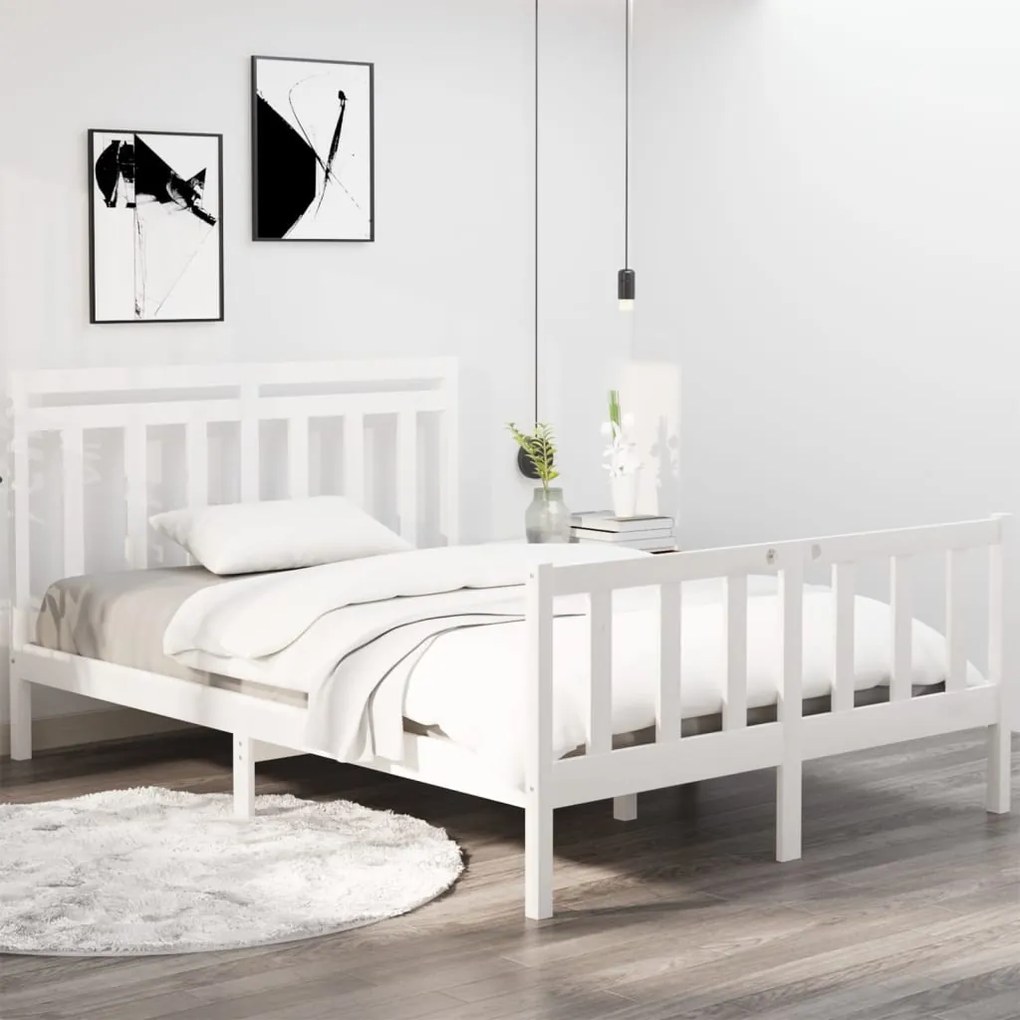 vidaXL Cadru de pat dublu, alb, 135x190 cm, lemn masiv