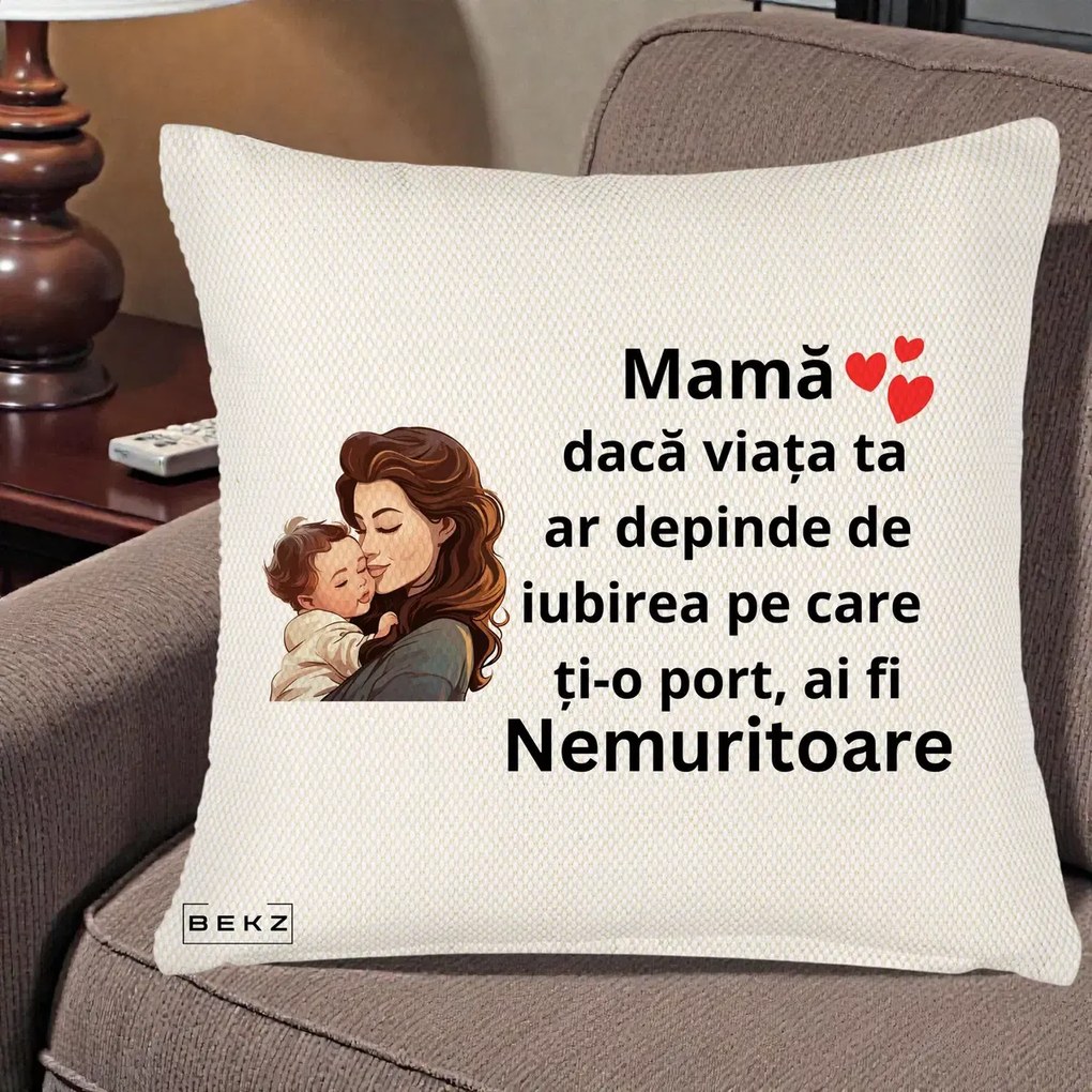 Cadou pentru Mama - Perna Personalizata Mama Nemuritoare cu Bebelus Lineart, 40x40 cm, Crem Reliefat, Husa Detasabila, Perna Inclusa, BEKZ®