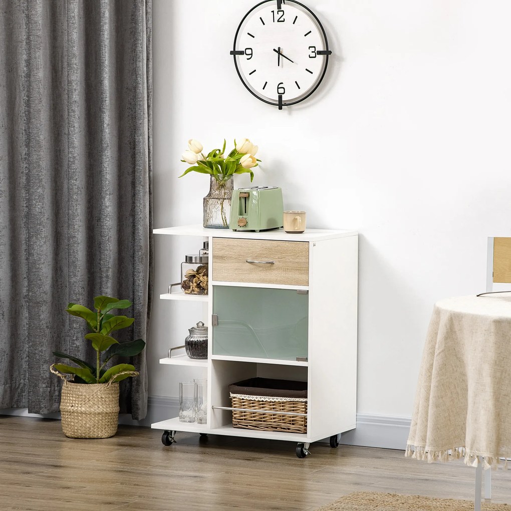 HOMCOM Carucior de bucătărie insulă centrală de bucătărie cu roți pivotante 360° rafturi cu bariere 65 x 39 x 80 cm alb | Aosom Romania