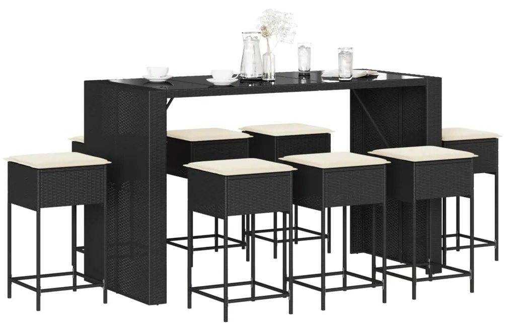 3261513 vidaXL Set mobilier bar de grădină cu perne, 9 piese, negru, poliratan