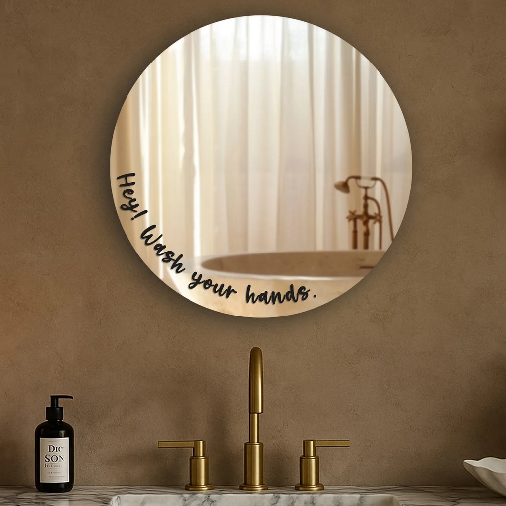 Autocolant pentru oglindă S47 – Hey! Wash your hands. (round)