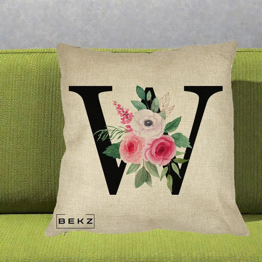 Cadou Personalizat - Perna Personalizata Monograma Florala Litera W cu Trandafiri si Anemona, 40x40 cm, Crem, Husa Detasabila, Perna Inclusa, BEKZ®