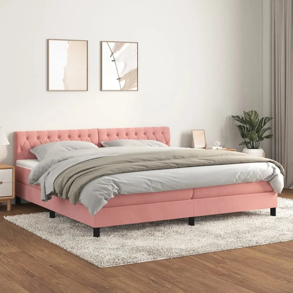 Pat box spring cu saltea, roz, 200x200 cm, catifea Roz, 200 x 200 cm, Design cu nasturi