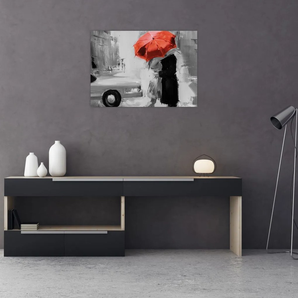 Tablou pe sticlă - Cuplu în dragoste sub o umbrelă, roșu (70x50 cm)