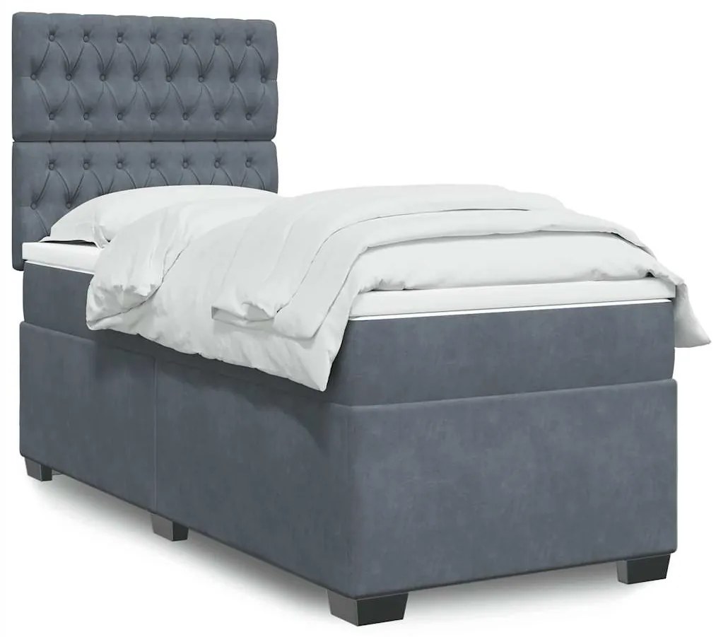 vidaXL Pat box spring cu saltea, gri închis, 90x190 cm, catifea