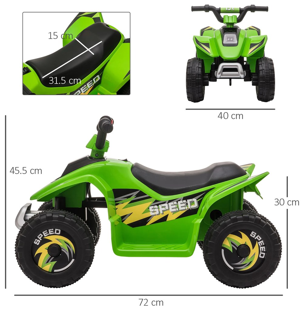 ATV Copii Electric HOMCOM cu Baterie Incarcabila 6V, Viteza 2,8-4,6km/h, Varsta 3-5 Ani, 72x40x45,5cm, Verde | Aosom Romania