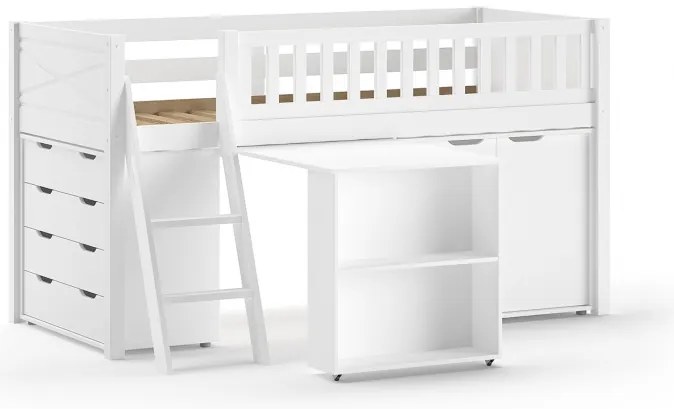 Set pat semi-supraetajat pentru copii SCOTT, alb, 90 x 200 cm, pin scandinav masiv, cu scară, birou glisant, bibliotecă, comodă cu 3 sertare și dulap