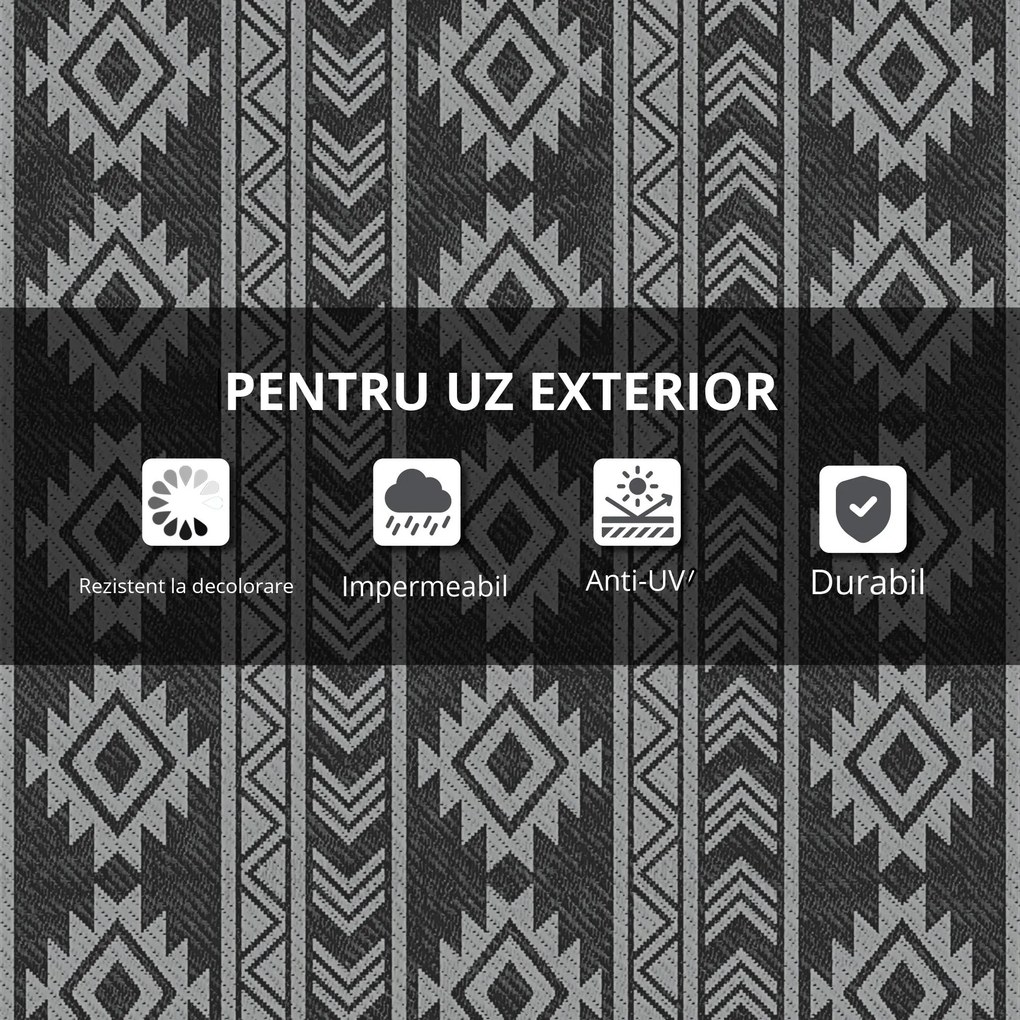 Outsunny Covor Exterior Reversibil, 1,8 x 2,75m, Impermeabil pentru Curte, Veranda, Picnic, Plaja, Camping, Negru si Gri | Aosom Romania