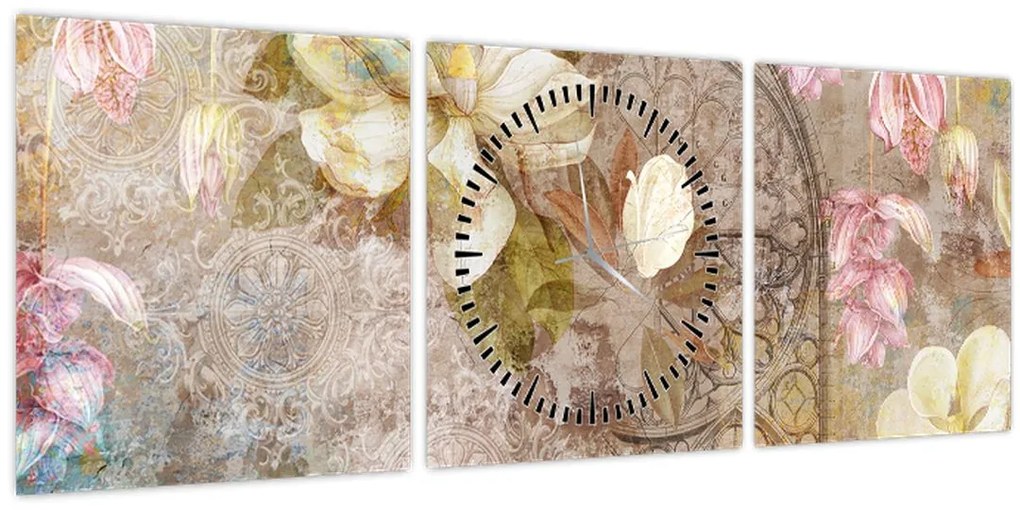Tablou - Ornament de flori (cu ceas) (90x30 cm)