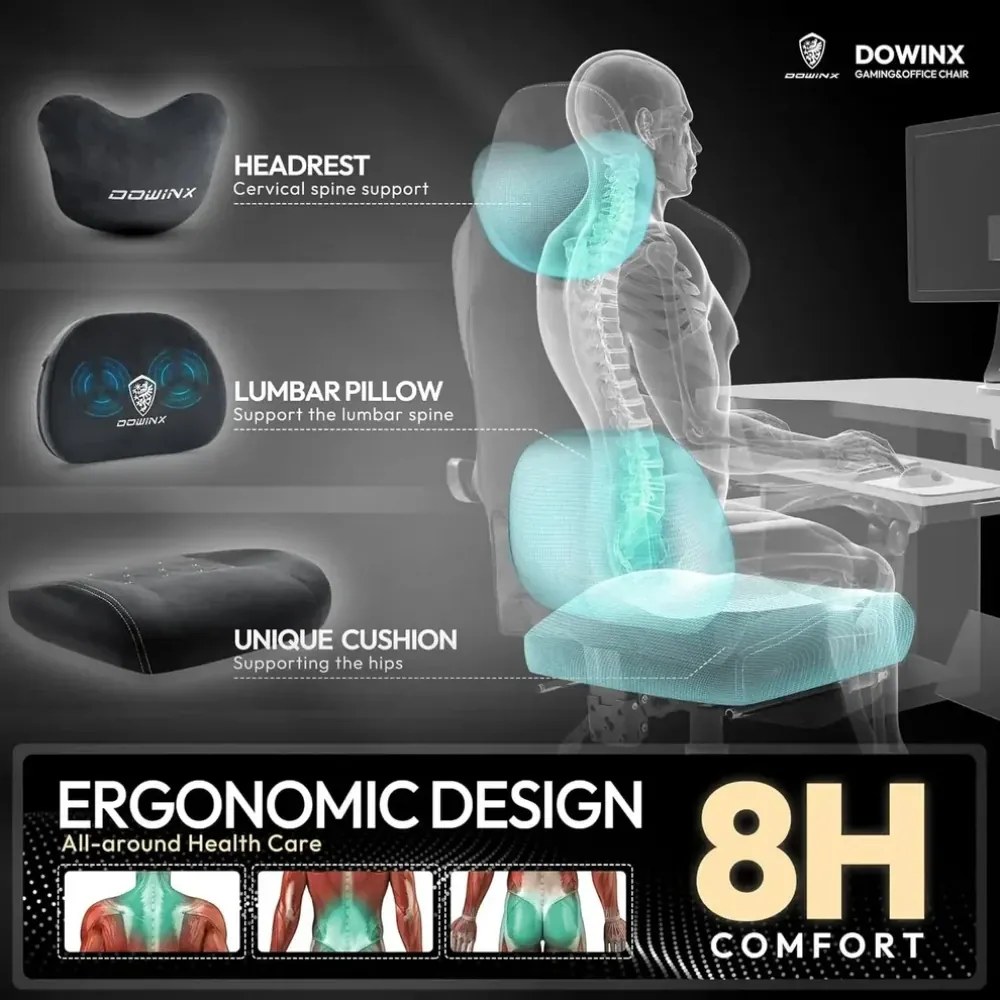 DOWINX Scaun gaming, ergonomic, Incalzire si Masaj cu Role in perna lombara, Șezut cu Arcuri Metalice și Spumă, rabatabil 90°-135°, Suport picioare, rezistent 150 kg, material textil, Negru