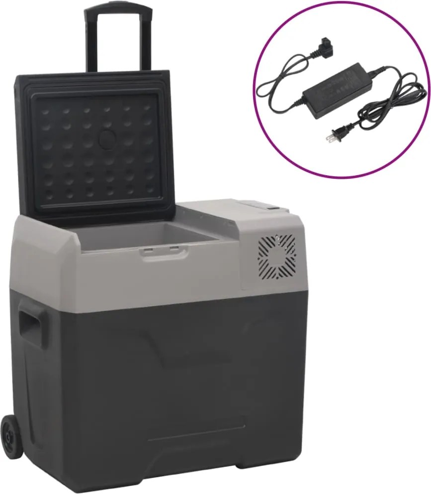 vidaXL Ladă frigorifică cu roată&adaptor 50 L negru/gri polipropilenă