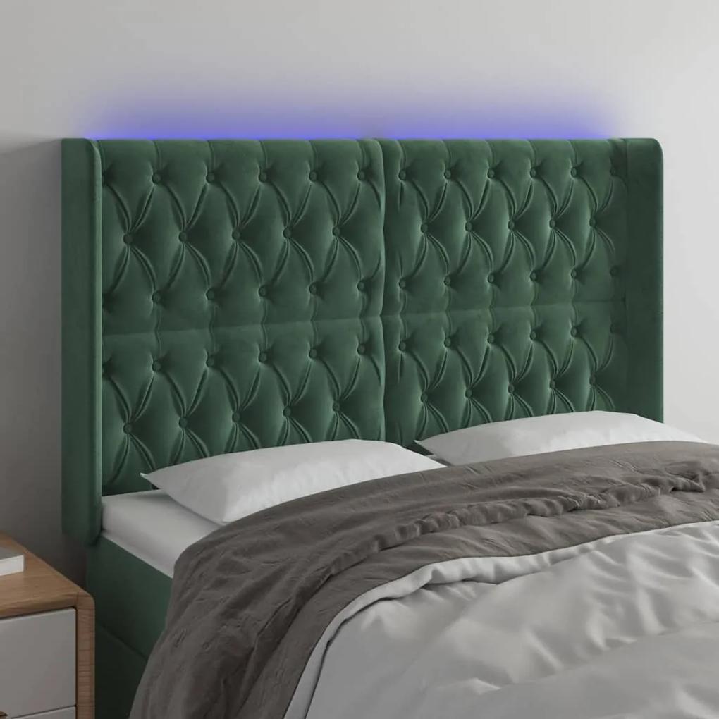 3124441 vidaXL Tăblie de pat cu LED, verde închis, 163x16x118/128 cm, catifea