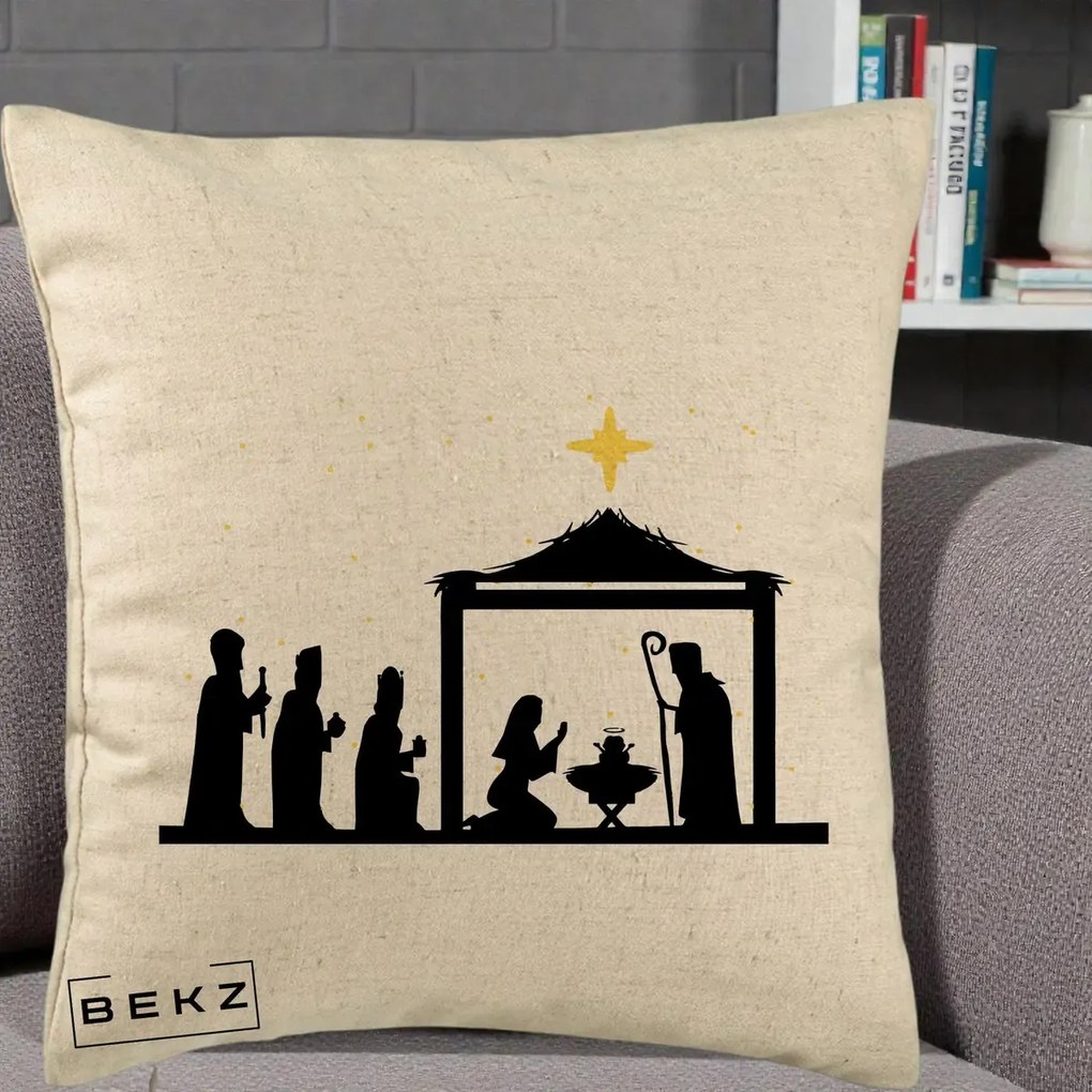 Perna Decorativa Nasterea Pruncului Silueta Neagra si Stea Aurie, 40x40 cm, Bej, Husa Detasabila, Perna Inclusa, BEKZ®