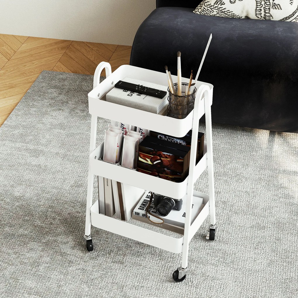 HOMCOM Cărucior de Bucătărie cu 3 Niveluri, Roți Pivotante, Mânere și Frâne, 42,4x29,8x74,5 cm, Alb | Aosom Romania