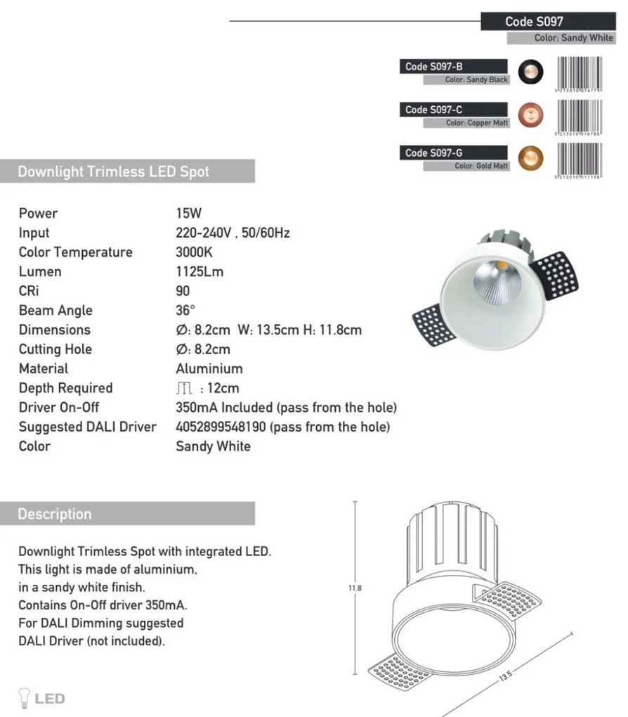 Spot LED incastrabil Trimless auriu mat 15W 3000K