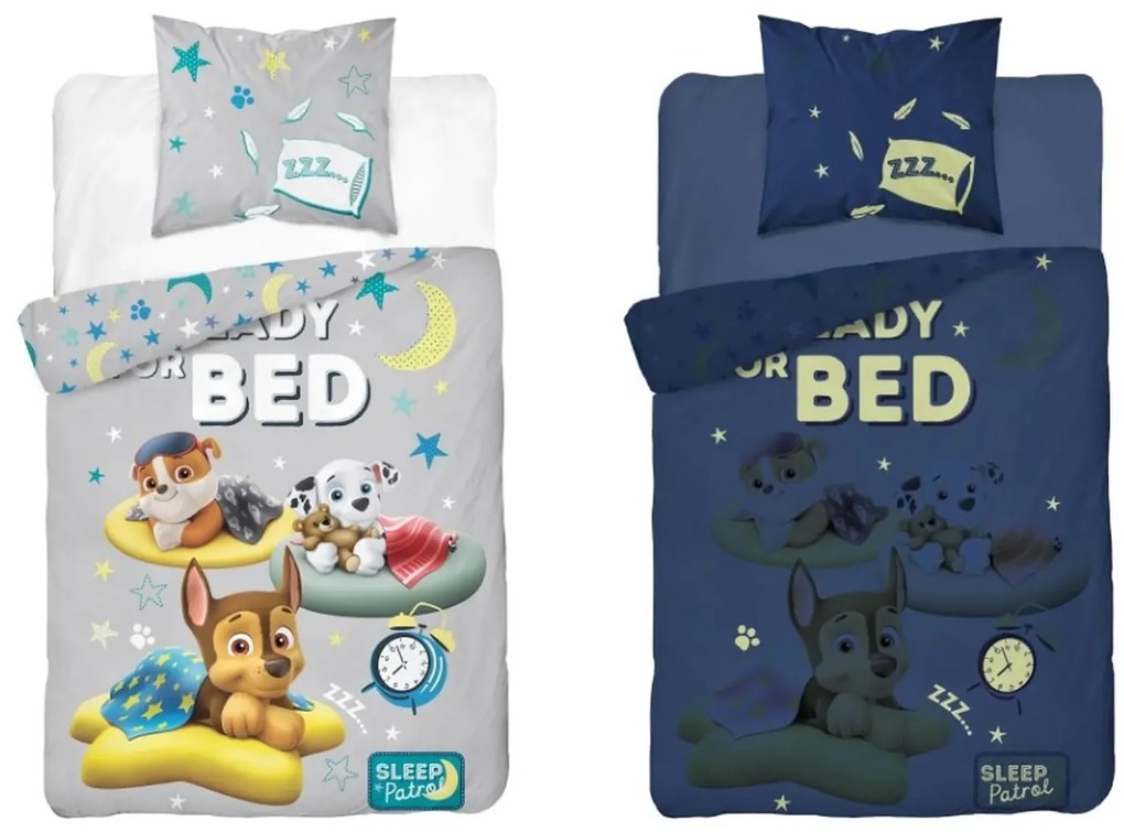 Lenjerie de pat luminoasa PAW PATROL Ready for bed gri Dimensiune lenjerie de pat: 70 x 80 cm | 140 x 200 cm