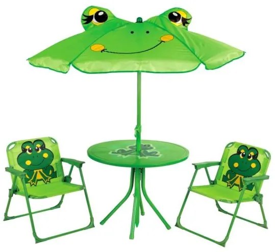 Set mobilier gradina/terasa pentru copii, pliabil, verde, model brosca, 1 masa cu umbrela, 2 scaune, Melisenda