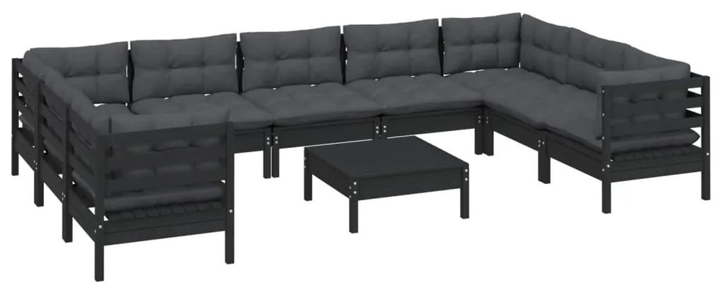 Set mobilier gradina cu perne, 10 piese, negru, lemn de pin Negru, 10