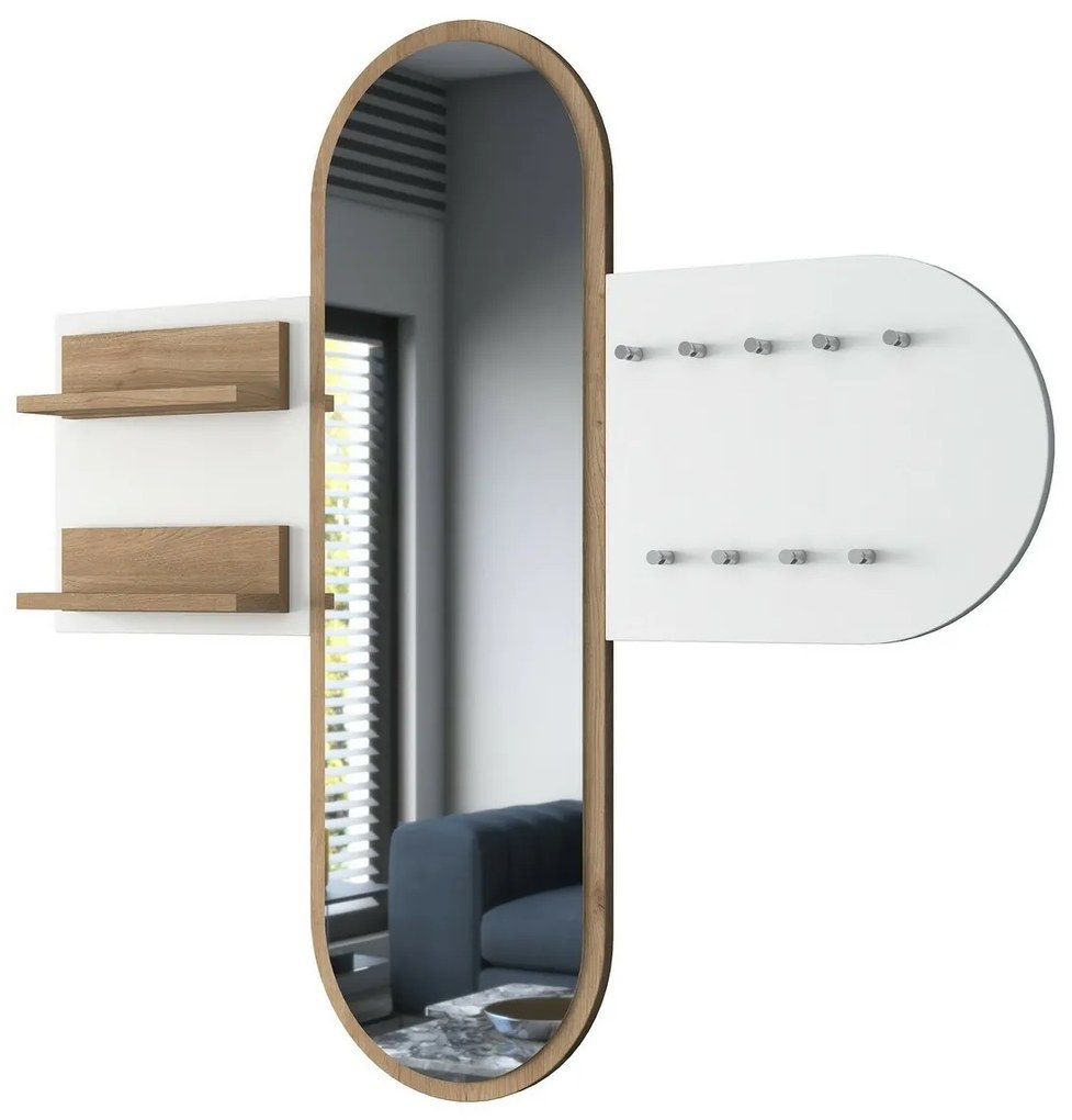 Cuier de perete cu oglindă Pomi White and Walnut