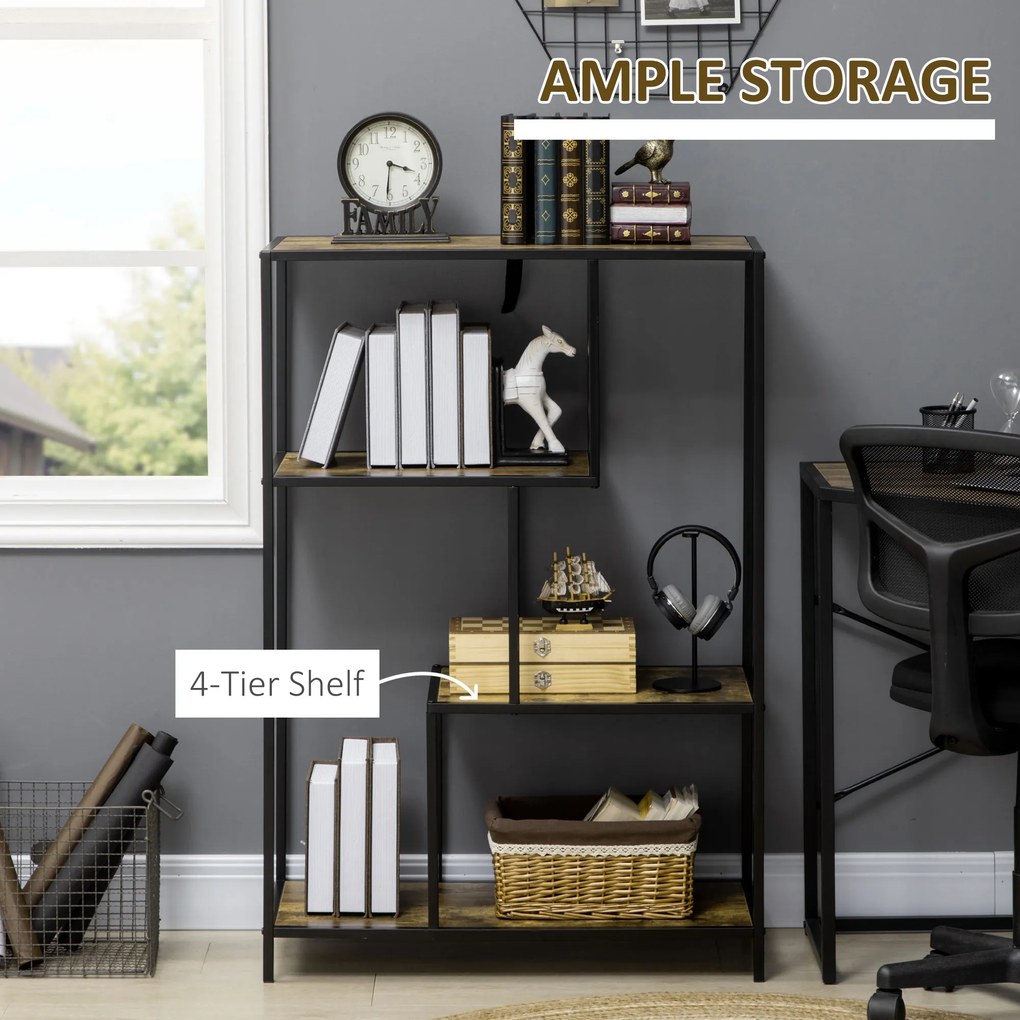 Biblioteca in stil industrial modern cu 4 rafturi, rafturi din lemn si metal pentru sufragerie si birou, 83x34x180cm maro HOMCOM | Aosom RO